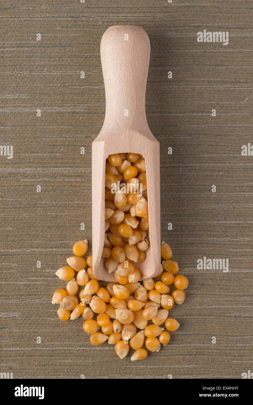 Top view of wooden scoop with corn against green vinyl background. Stock Photo