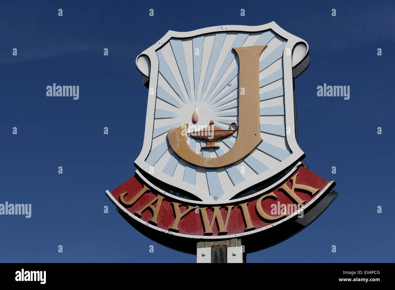 Town sign for Jaywick in Essex, one of the UK's poorest towns Stock Photo