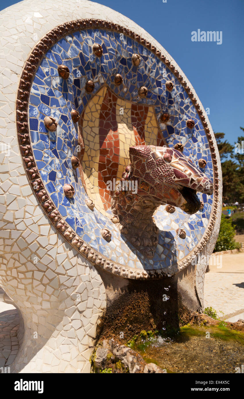 Dragon fountain in Park Guell ( Parc Guell ) by Antoni Gaudi using trencadis mosaic technique, Barcelona, Spain Europe Stock Photo