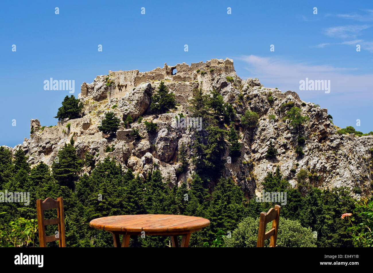 table with a view: ruins of a Byzantine castle on a top of a mountain Stock Photo