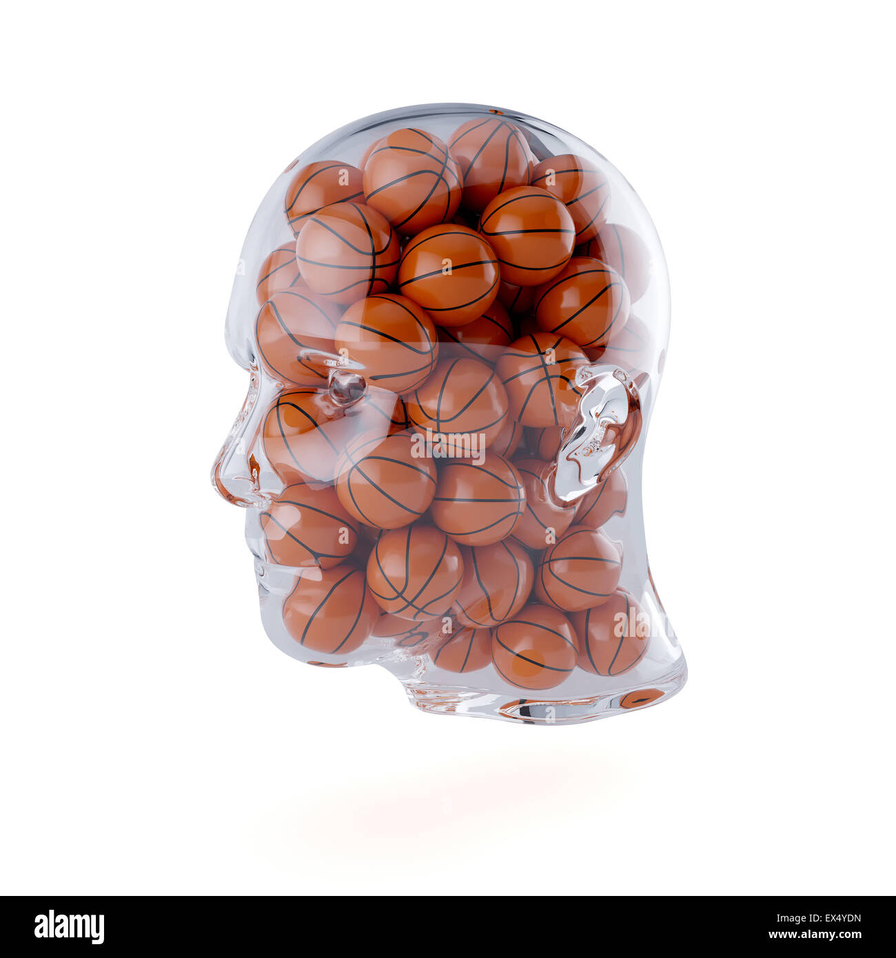 3d rendering of glass transparent human head filled with basketball balls. Isolated on white background. Player concept Stock Photo