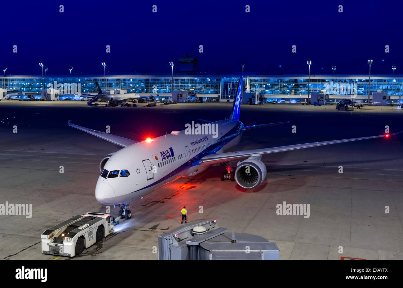 A Boeing 787-9 Dreamliner of the airline ANA at Terminal 2 at Munich Airport, Munich, Upper Bavaria, Bavaria, Germany Stock Photo