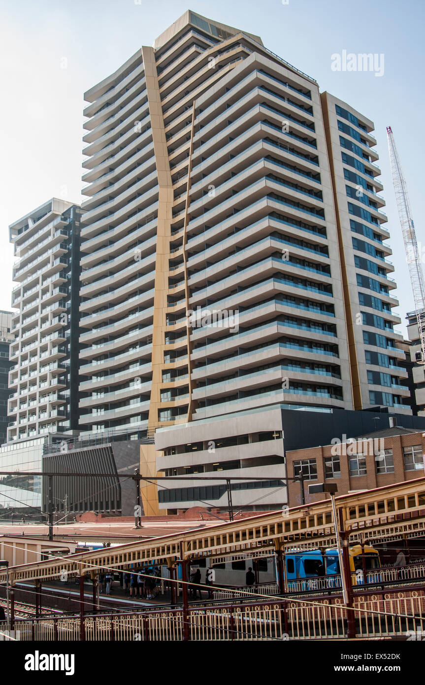 High rise apartment developments tower above station platforms in South Yarra, Melbourne Stock Photo
