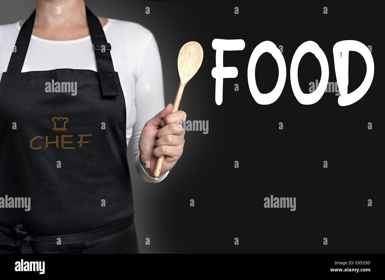 food cook holding wooden spoon background Stock Photo - Alamy