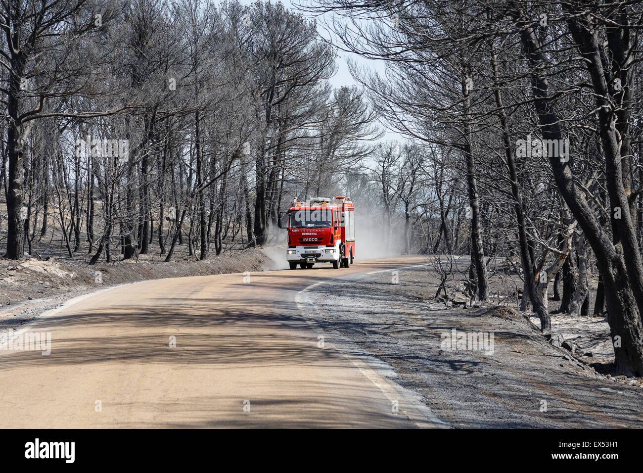 A truck. Forest fire. Farasdués village.  Zaragoza province. Aragón. Spain Stock Photo