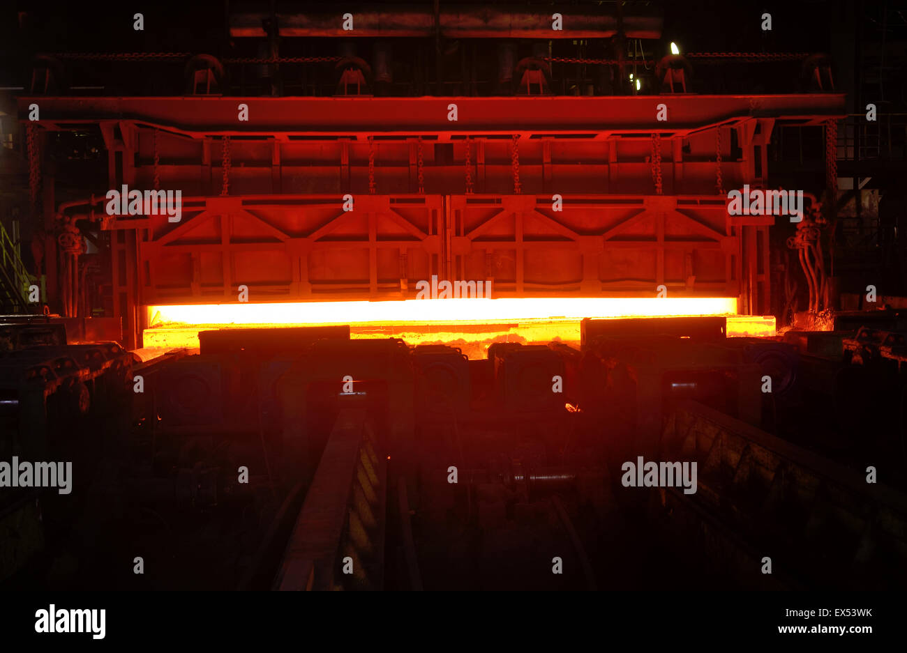 Hot steel on the production line  inside of steel plant Stock Photo