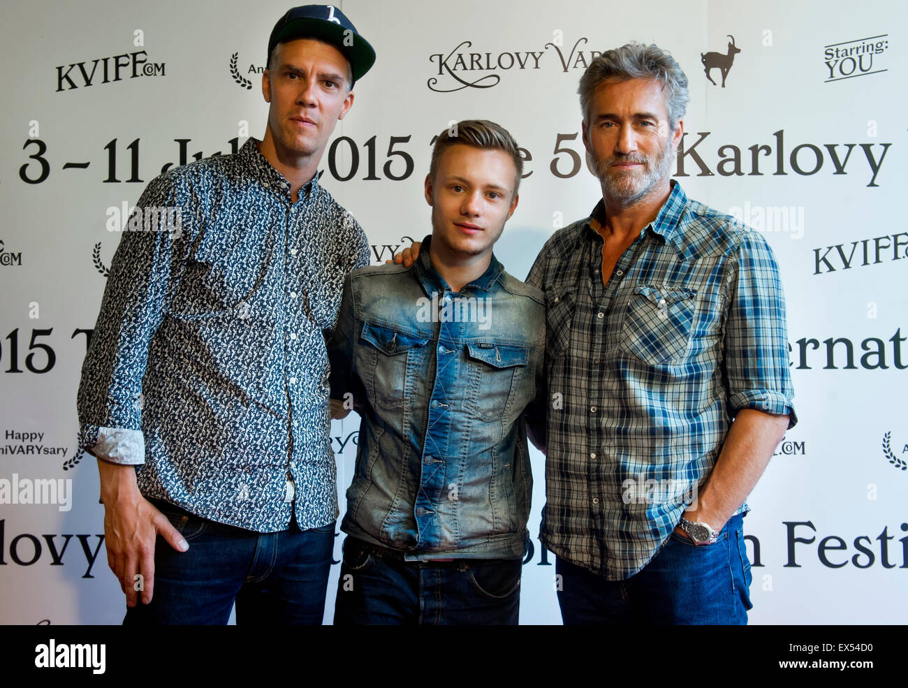 Karlovy Vary, Czech Republic, 6th July, 2015. From left: director Francois Peloquin, actors Antoine L'Ecuyer and Roy Dupuis present movie The Sound of Trees during the 50th International Film Festival Karlovy Vary, Czech Republic, July 6, 2015. © Slavomir Kubes/CTK Photo/Alamy Live News Stock Photo