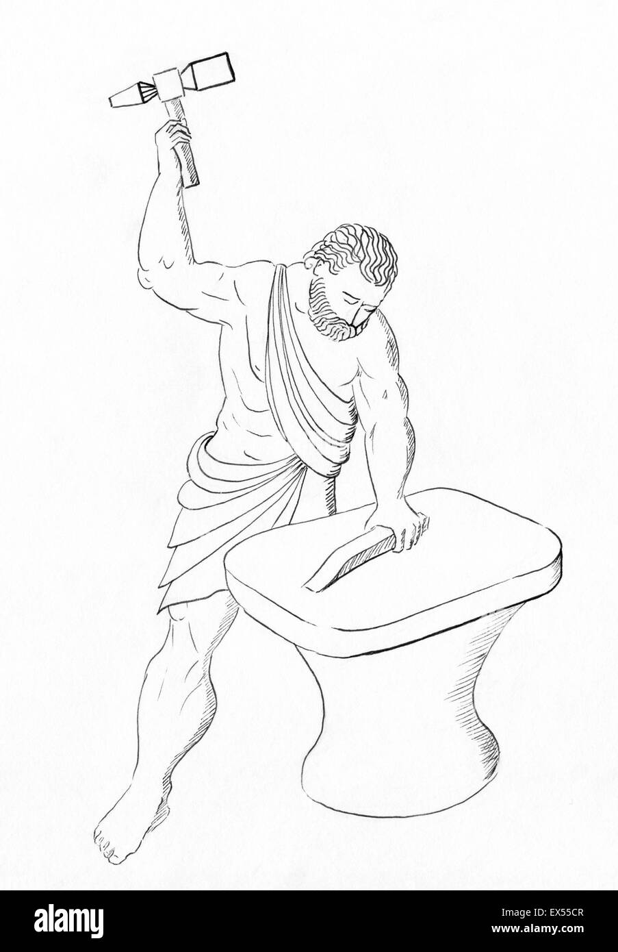 Line drawing of Hephaestus, Vulcan, greek roman god of fire. Stock Photo
