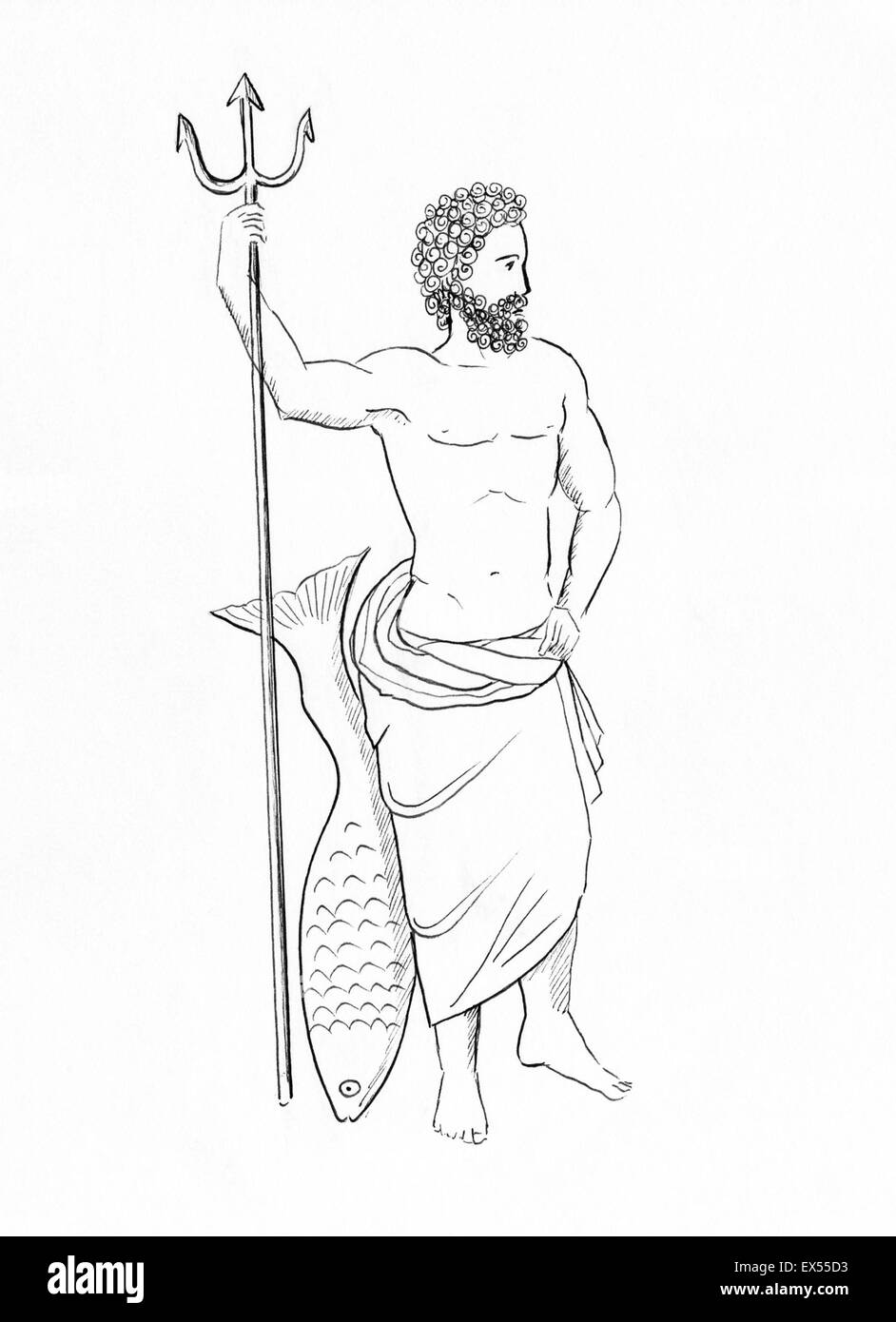 Line drawing of Poseidon, Neptune, greek roman god of the sea Stock Photo -  Alamy