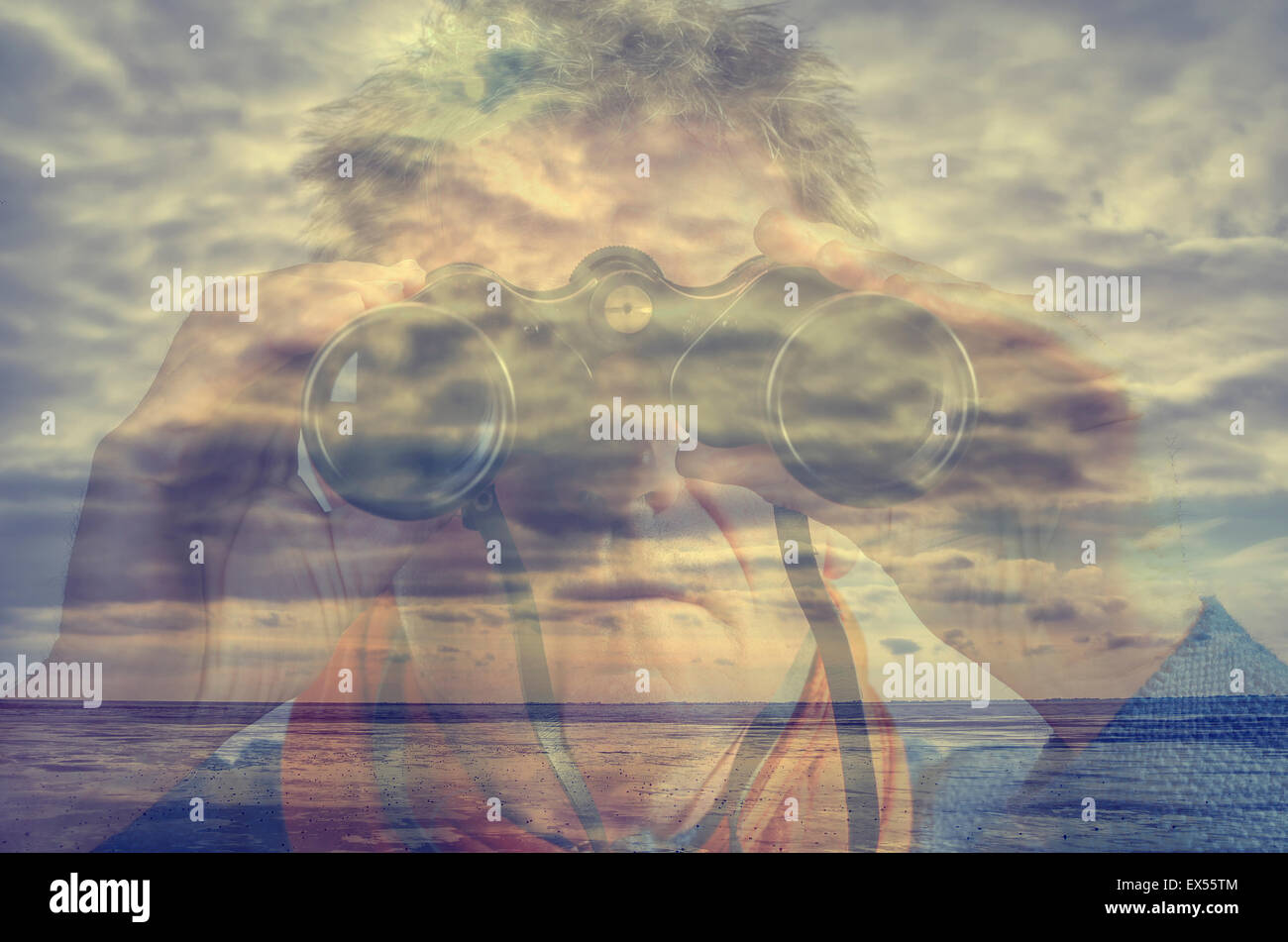 Double exposure of a man with binoculars at the ocean Stock Photo - Alamy