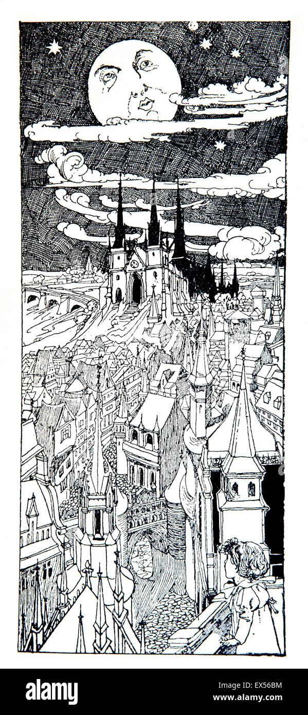 The moon has a face like the clock in the hall, line illustration by