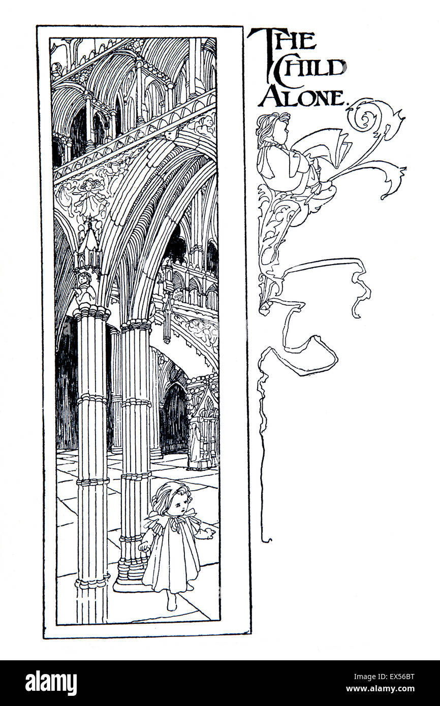 The Child Alone, 1895 illustration by Charles Robinson of RL Stevenson poem for Child's Garden of Verse Stock Photo