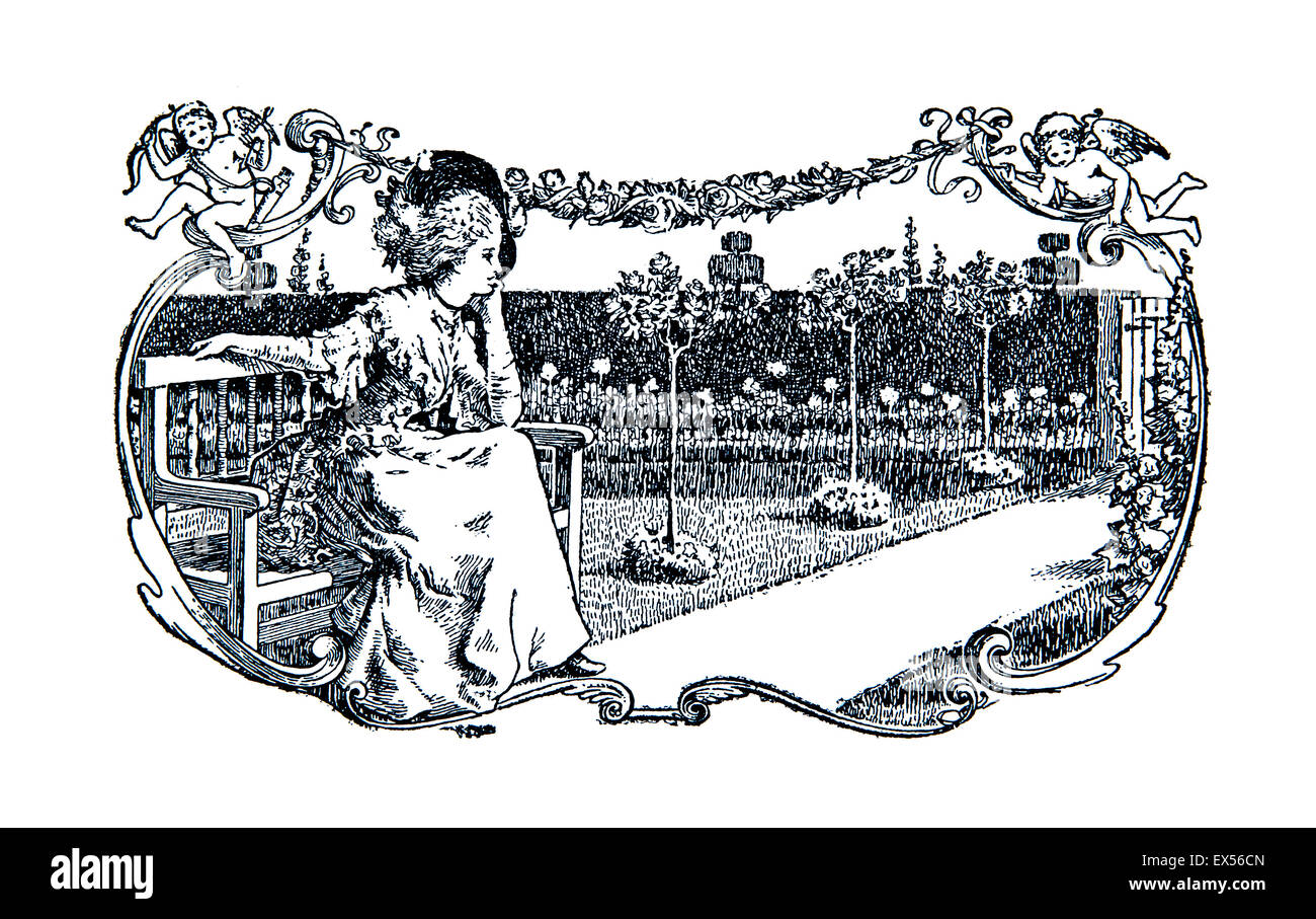 Elegant late Victorian woman sitting on bench in garden, 1895 illustration by Paul Woodroffe, from Ye Booke of Nursery Rhymes Stock Photo