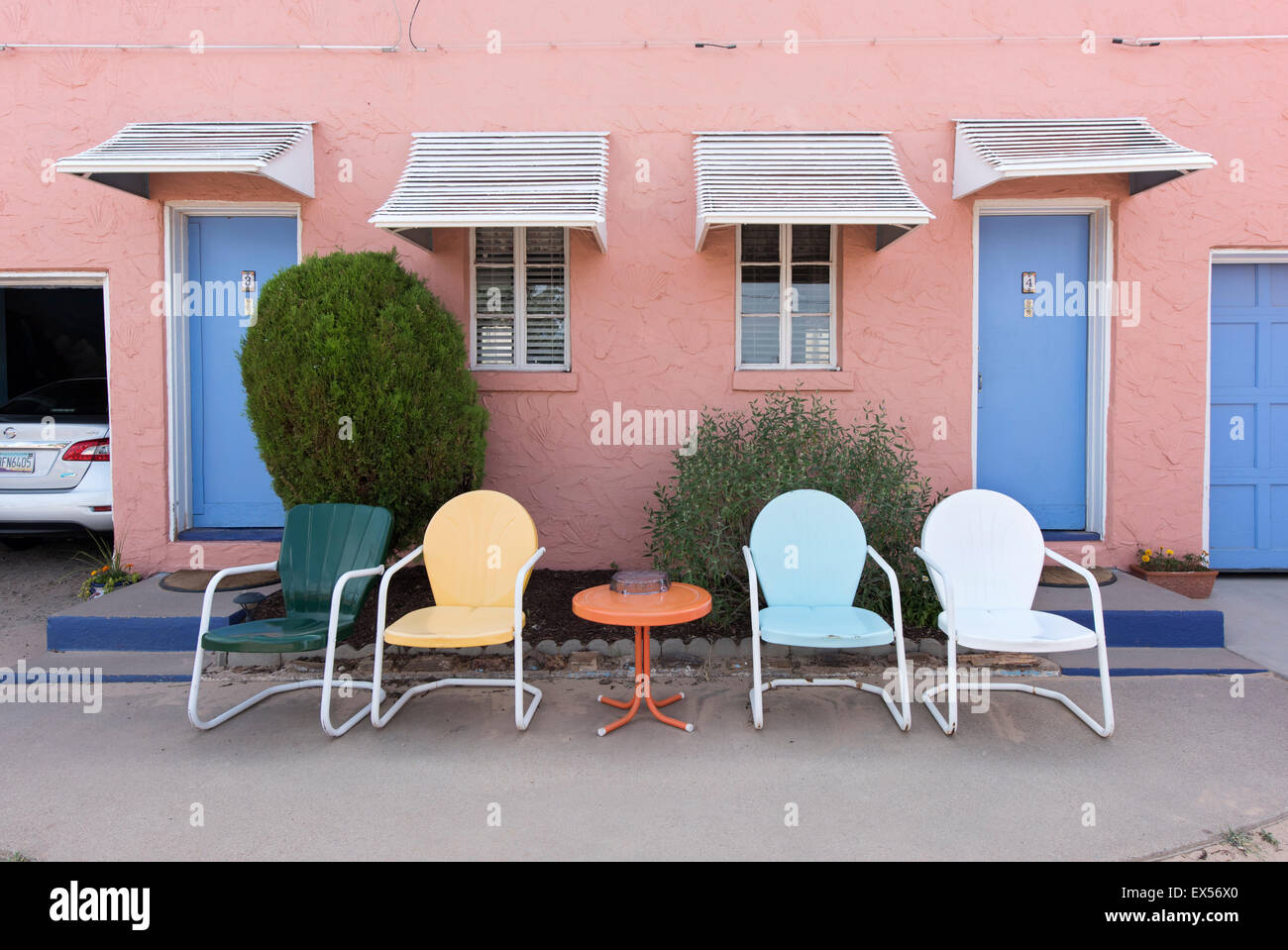 Vintage Chairs at the Blue Swallow Motel in Tucumcari, New Mexico Stock Photo