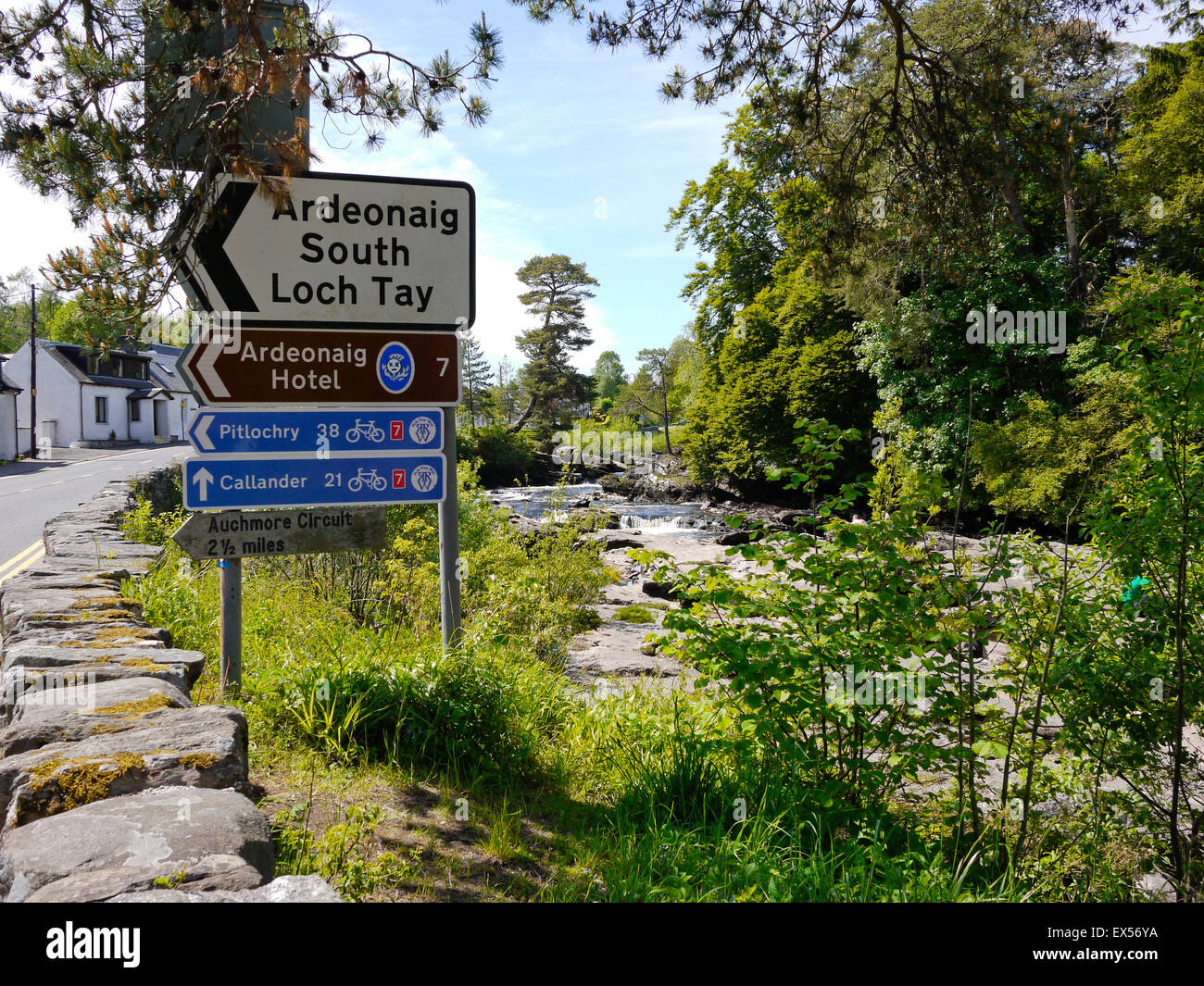 Signpost to Loch Tay at Killin village,Perthshire, Highlands, Scotland, UK. Stock Photo