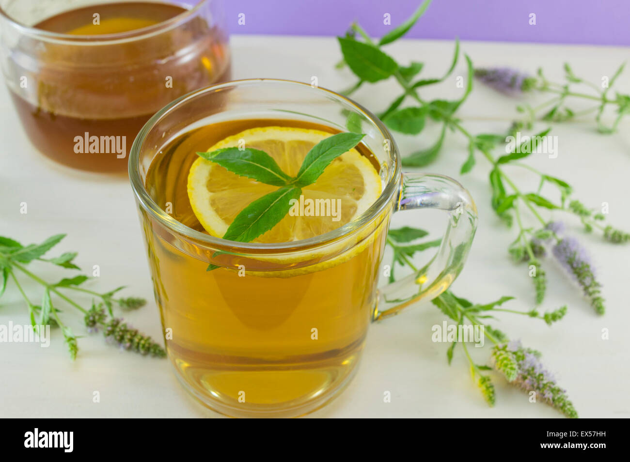 Cold mint tea with lemon on a table with mint plant, honey and dipper  spoon Stock Photo
