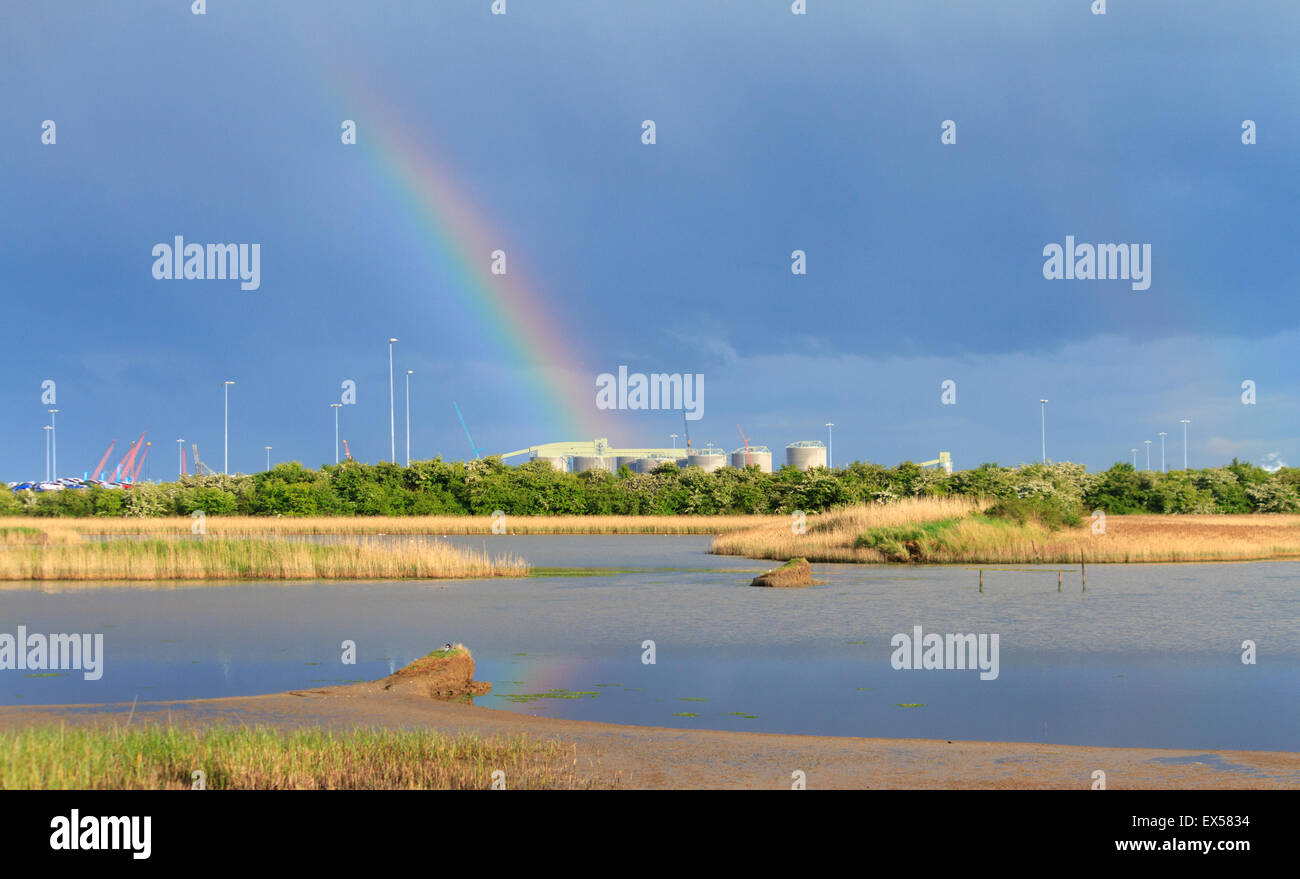 Rainbow over Immingham Biodiesel plant with Killingholme pits nature reserve in the foreground. Stock Photo