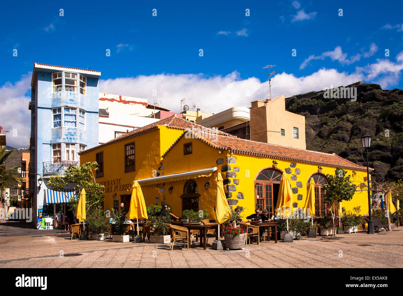 ESP, Spain, the Canary Islands, island of La Palma, Puerto de Tazacorte at the west coast, restaurant Taberna del Puerto at the  Stock Photo