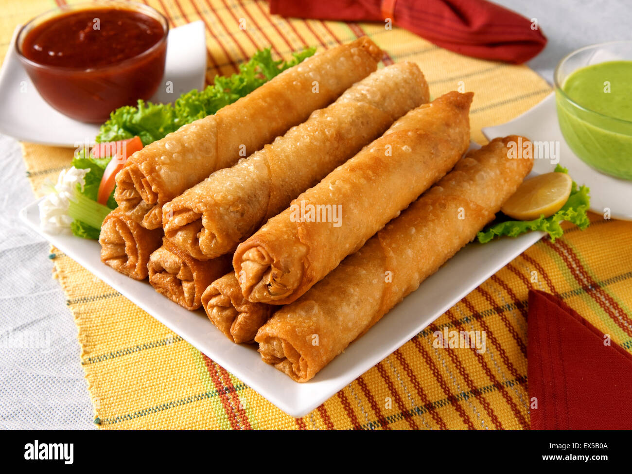 Hot & Spicy Chicken & Vege Rolls Stock Photo - Alamy