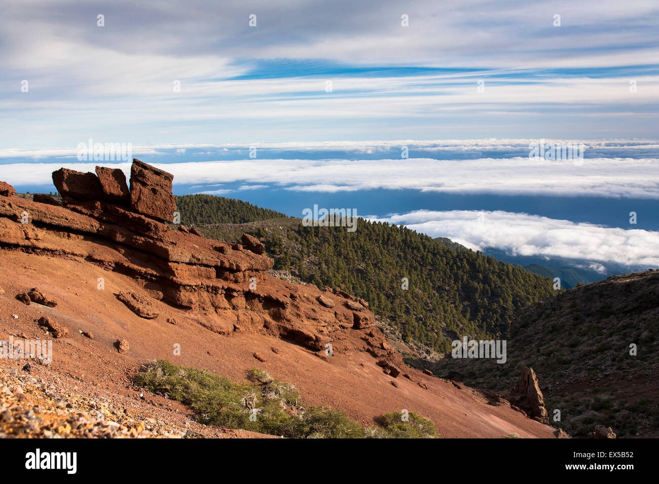 ESP, Spain, the Canary Islands, island of La Palma, view from the eastern hillside of the Caldera de Taburiente near Roque de lo Stock Photo