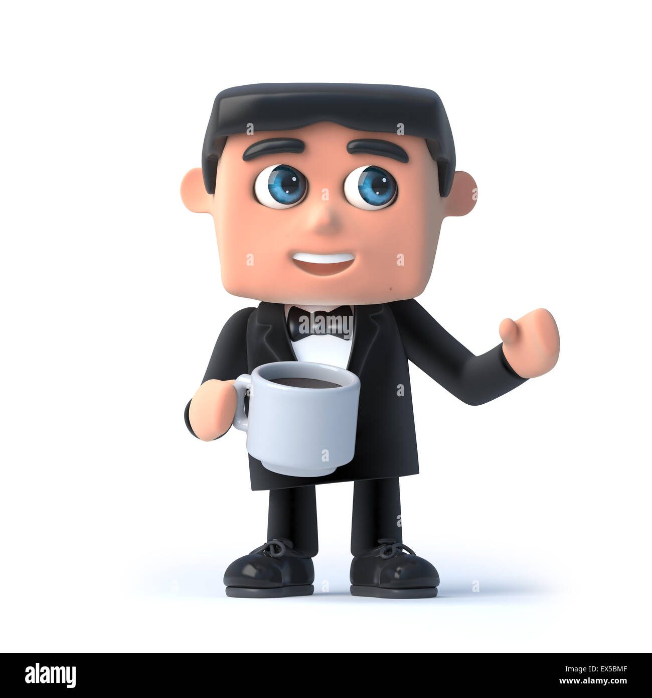 3d render of a man in a tuxedo and bow tie drinking a cup of coffee ...
