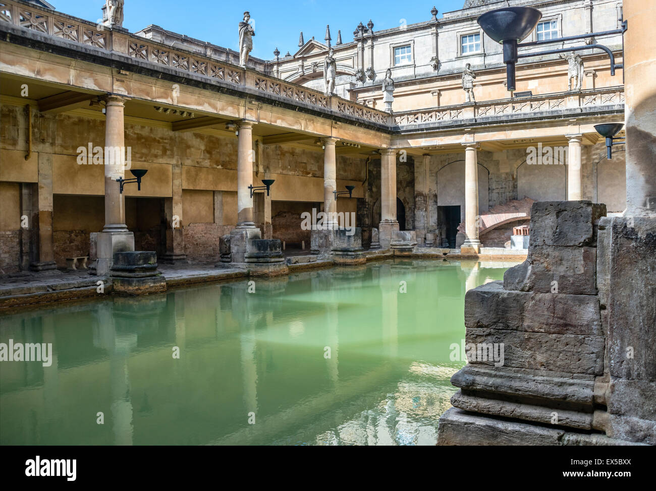 The Great Bath of the Roman Baths complex of Bath, Somerset, England. Stock Photo