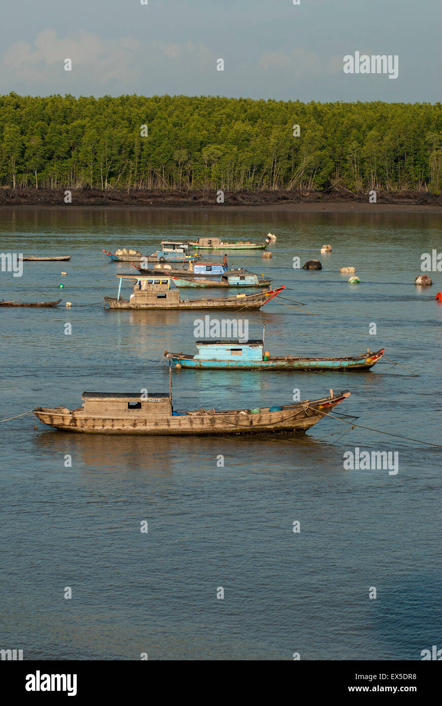 Fishing boats in the Saigon river near Ho Chi Minh City, Vietnam Stock Photo