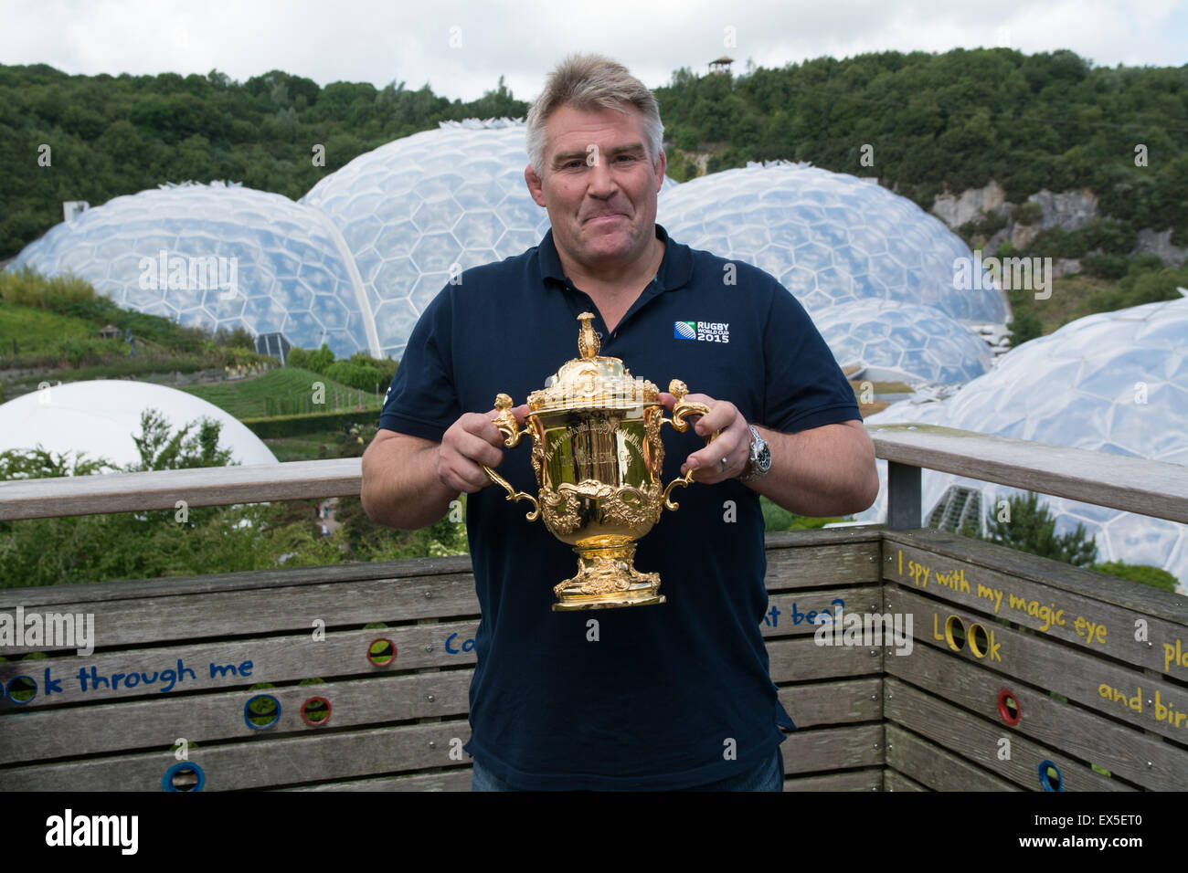 Picture of Jason Leonard , at the eden project with the Web Ellis trophy to launch the Rugby World Cup 2015 in england. Stock Photo