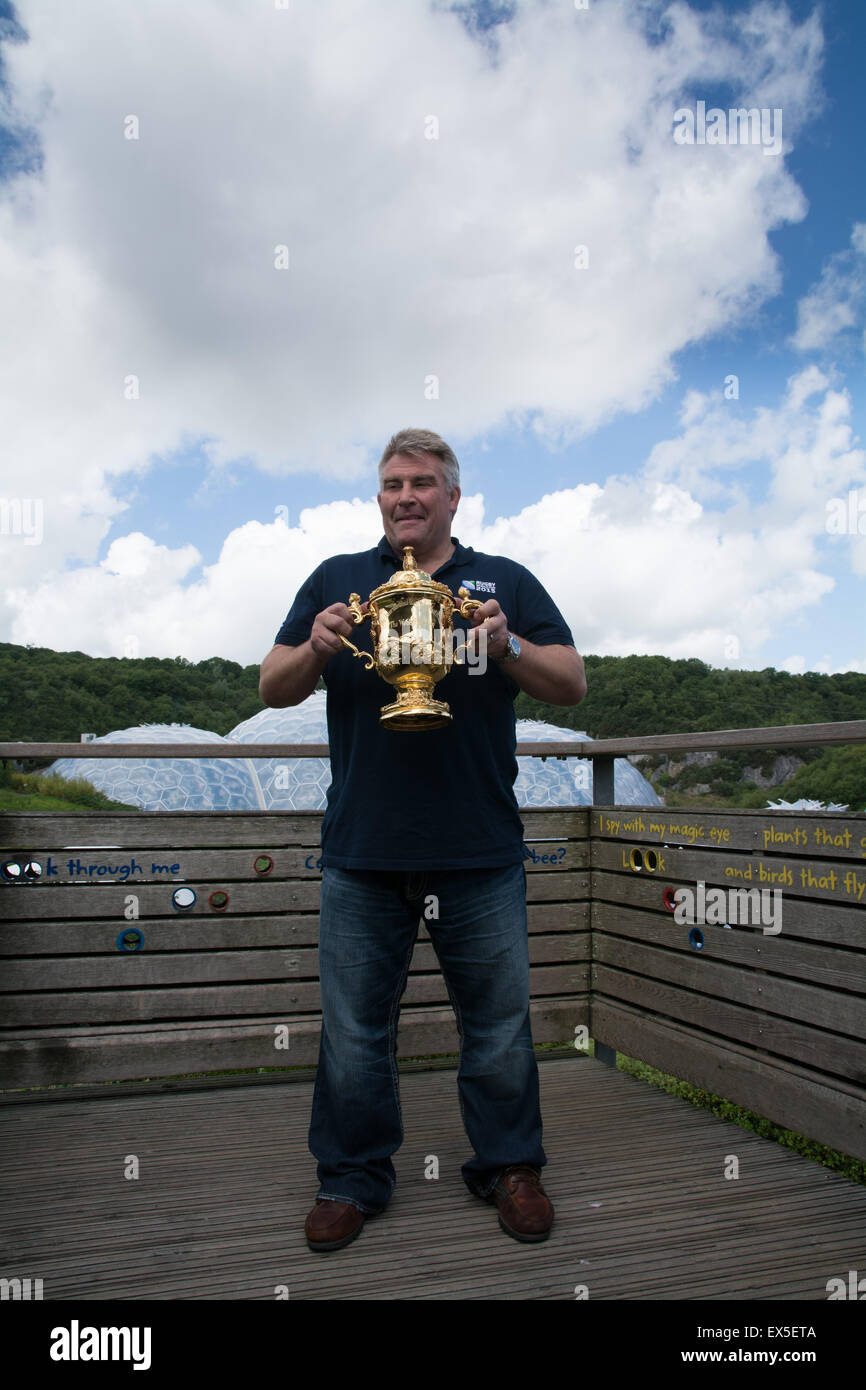 Picture of Jason Leonard , at the eden project with the Web Ellis trophy to launch the Rugby World Cup 2015 in england. Stock Photo