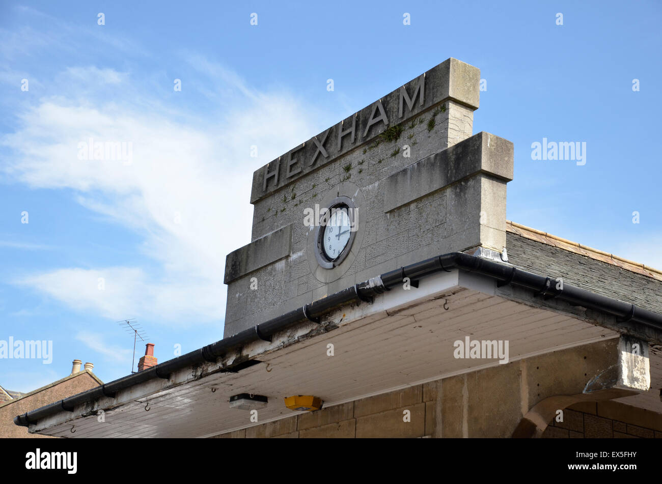 The art deco sign on the bus station in Hexham , Northumberland Stock ...