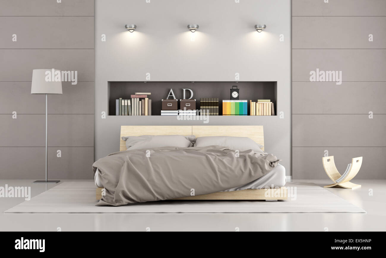 Wooden double bed in a contemporary bedroom with  niche , books and decor objects - 3D Rendering Stock Photo