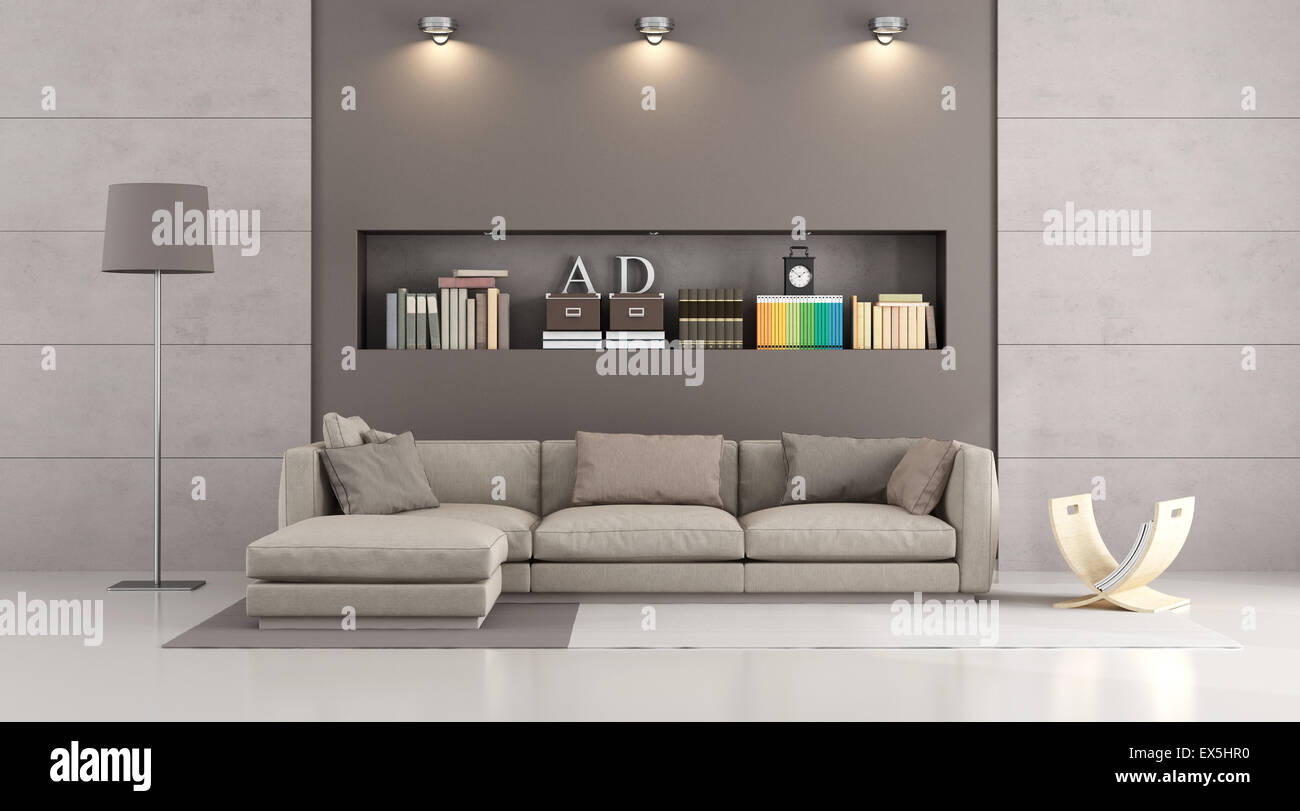 modern sofa in a contemporary living-room with  niche, books and decor objects - 3D Rendering Stock Photo