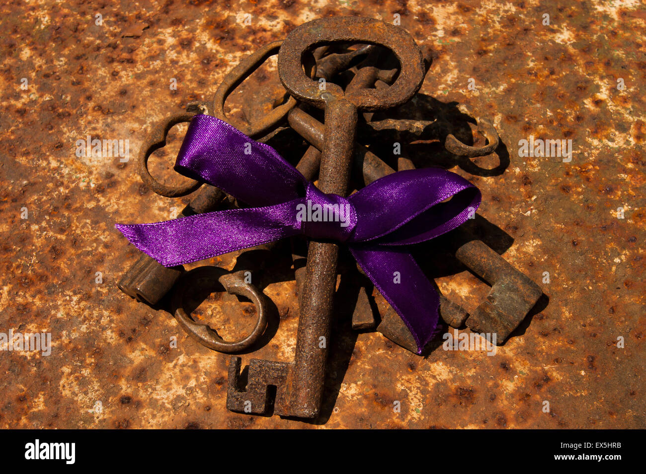 Old keys on a rusty surface. One is marked with a purple ribbon, to suggest the right choice Stock Photo