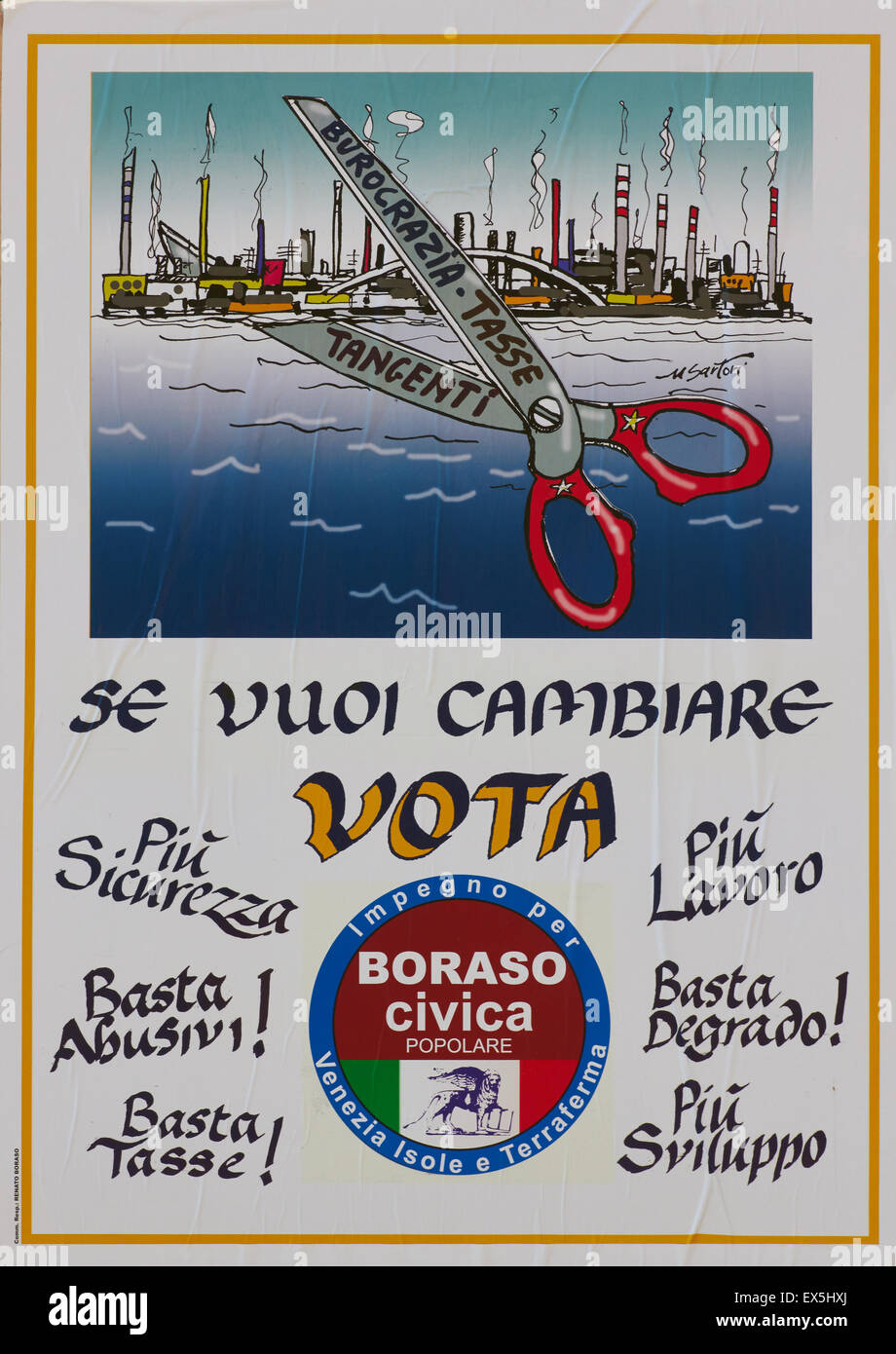 Poster showing scissors and promising change in 2015 Venetian regional elections on display in the street Burano Veneto Italy Stock Photo