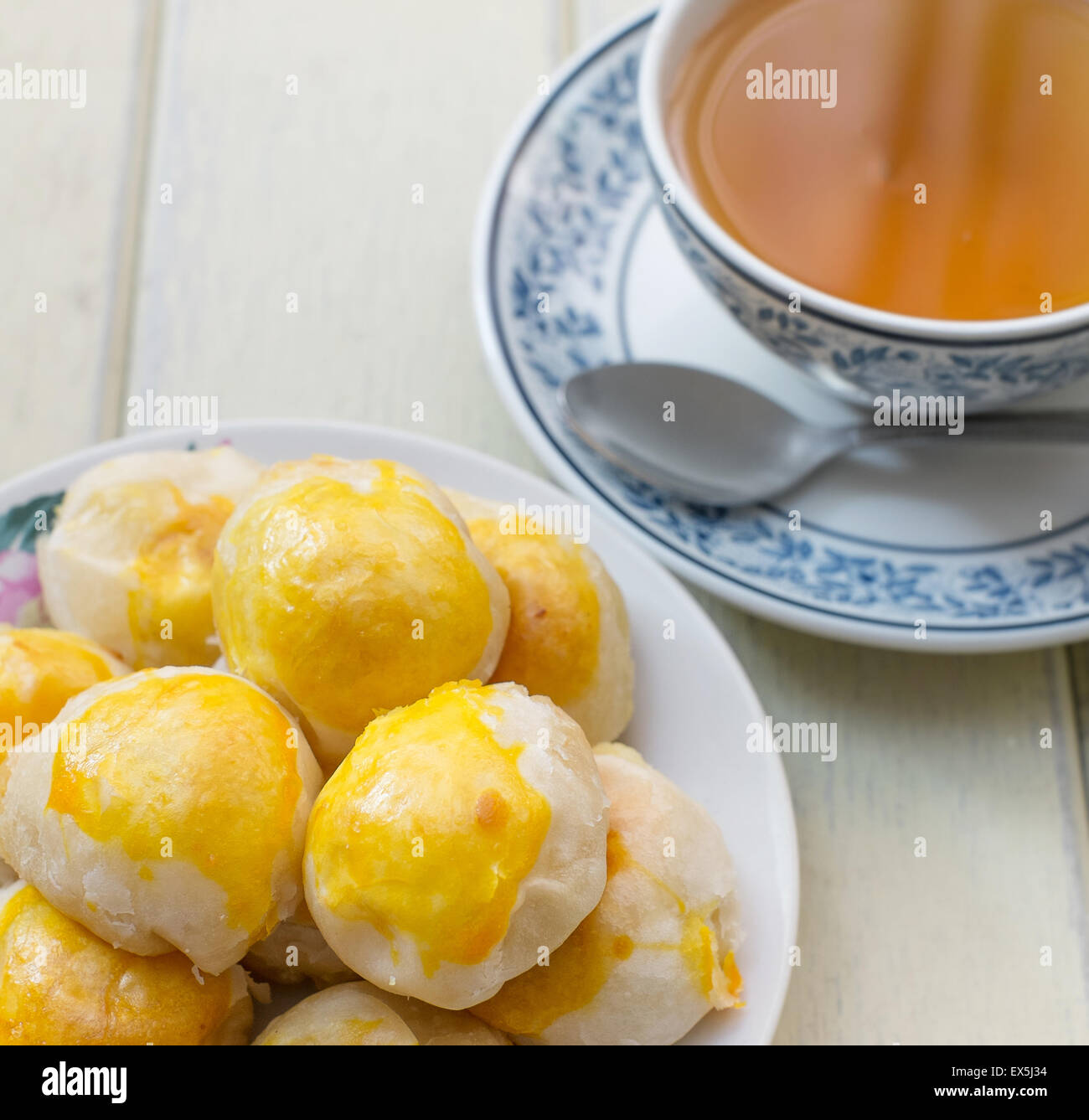 Chinese Cake and hot tea, selective focus point Stock Photo