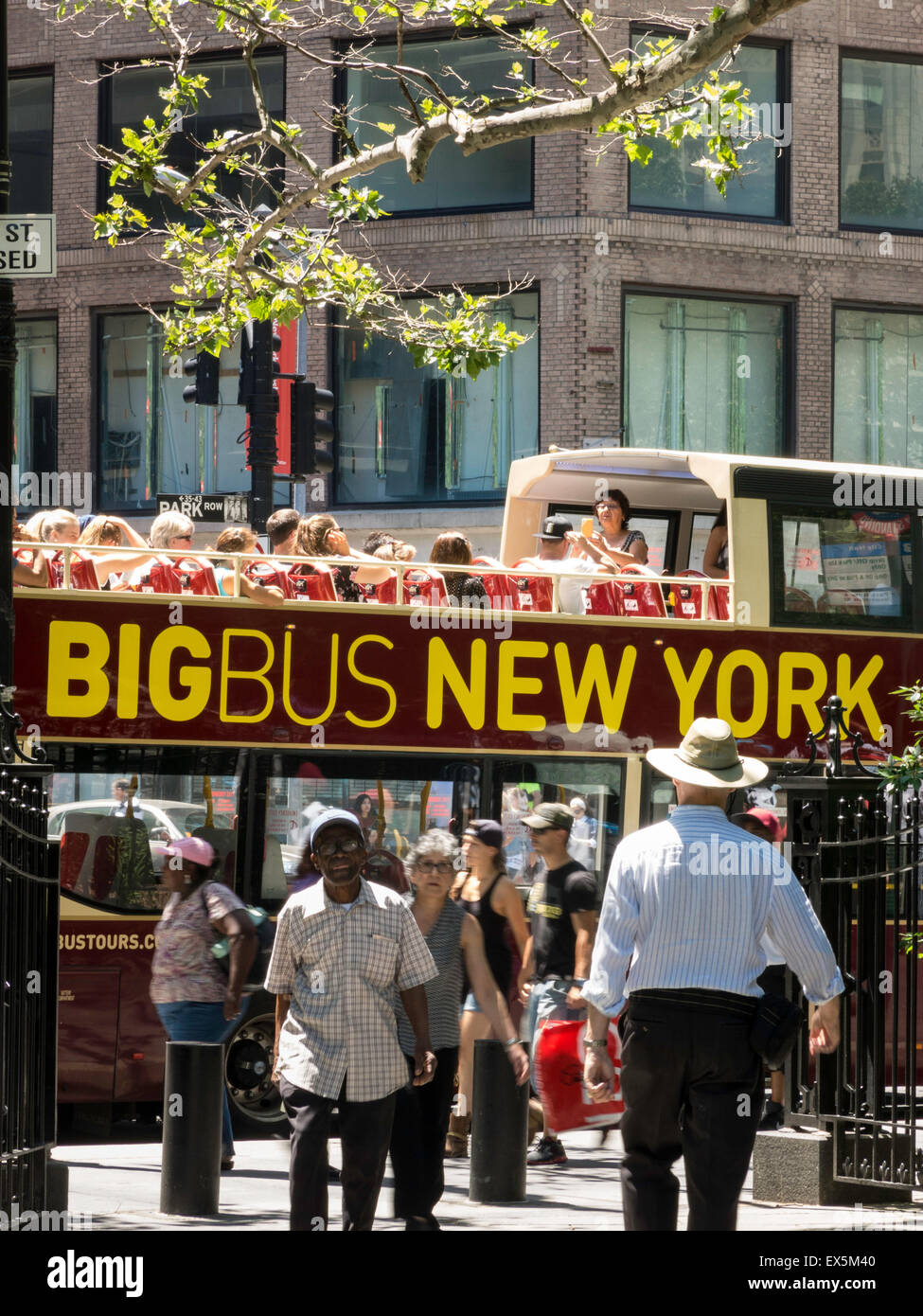 Double Decker Tour Bus at City Hall Park, NYC, USA Stock Photo