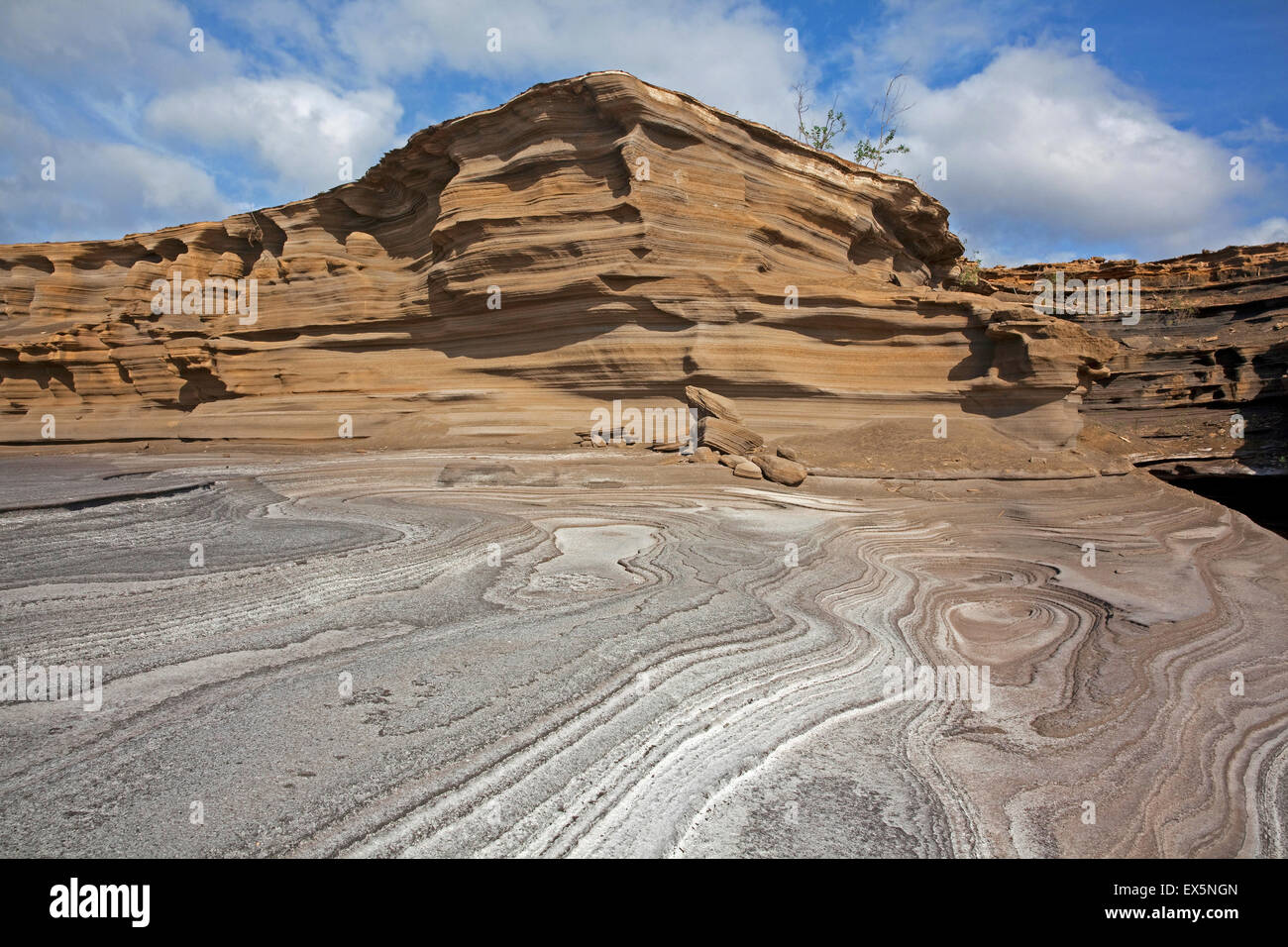 Pancake layered sandstone rock formations along the arid rocky coast on ...