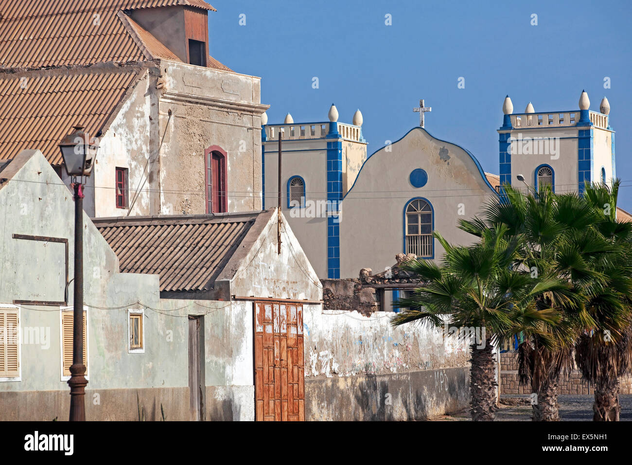 Portugese colonial buildings and Igreja de Santa Isabel Church in village Sal Rei on the island Boa Vista, Cape Verde, Africa Stock Photo