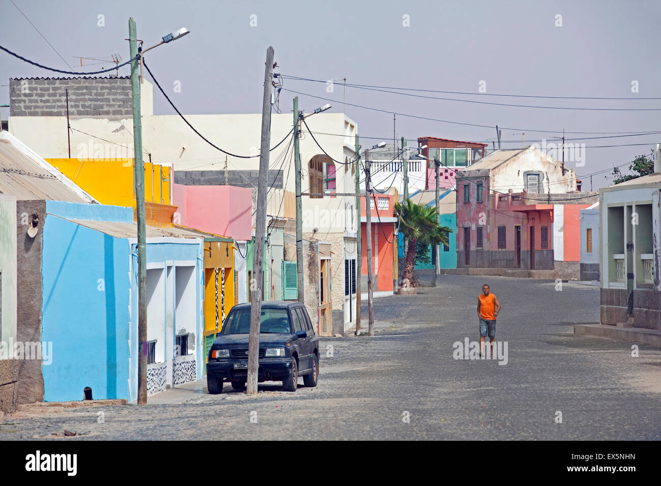 Street with colourful houses in the village Rabil on the island Boa Vista, Cape Verde / Cabo Verde, Western Africa Stock Photo