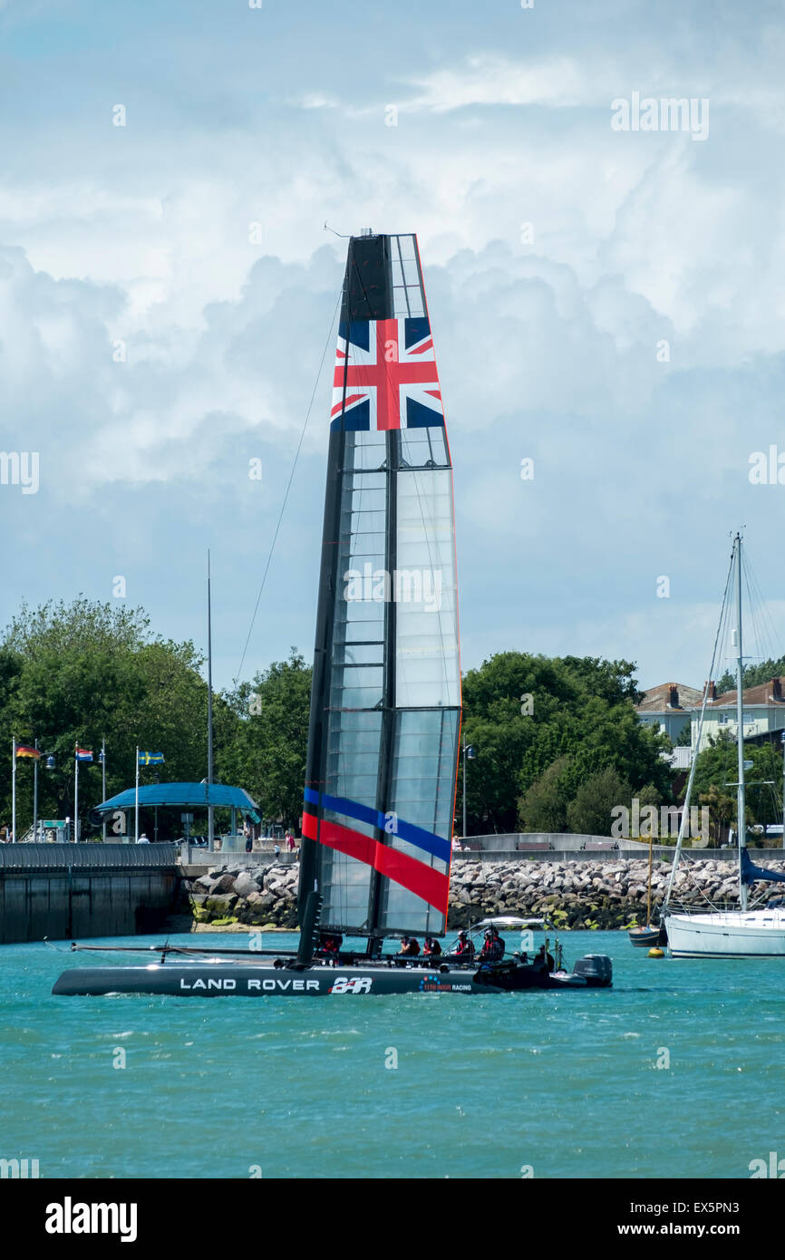 Portsmouth, UK. 7th July 2015 Landrover BAR Ben Ainslie Boat on the water today prior to the sailing event four days, 23rd to the 26th July starts the  race for the 35th America’s Cup. Credit:  Paul Chambers/Alamy Live News Stock Photo