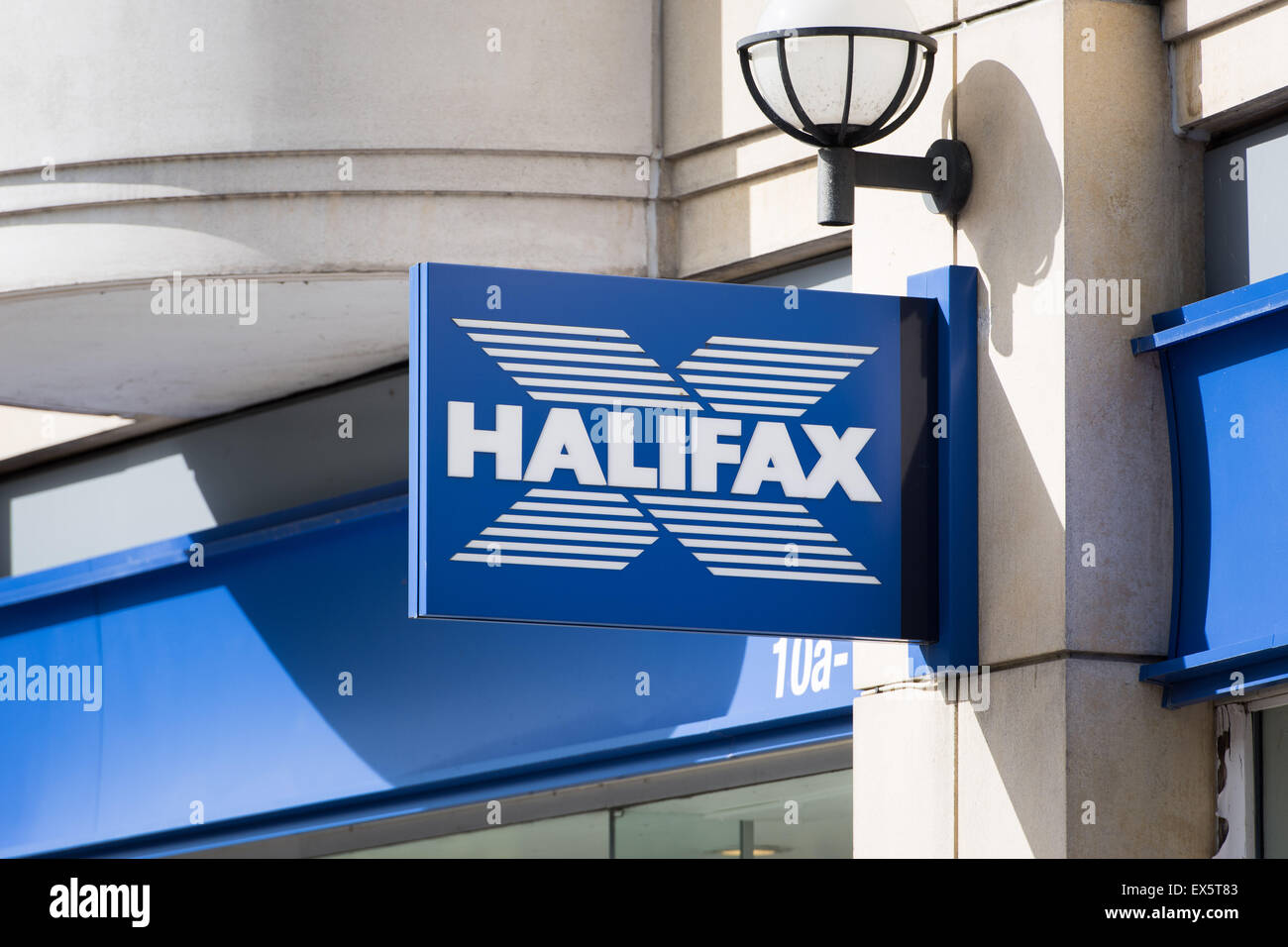 Halifax sign on the outside of a branch in Cardiff, Wales. Stock Photo