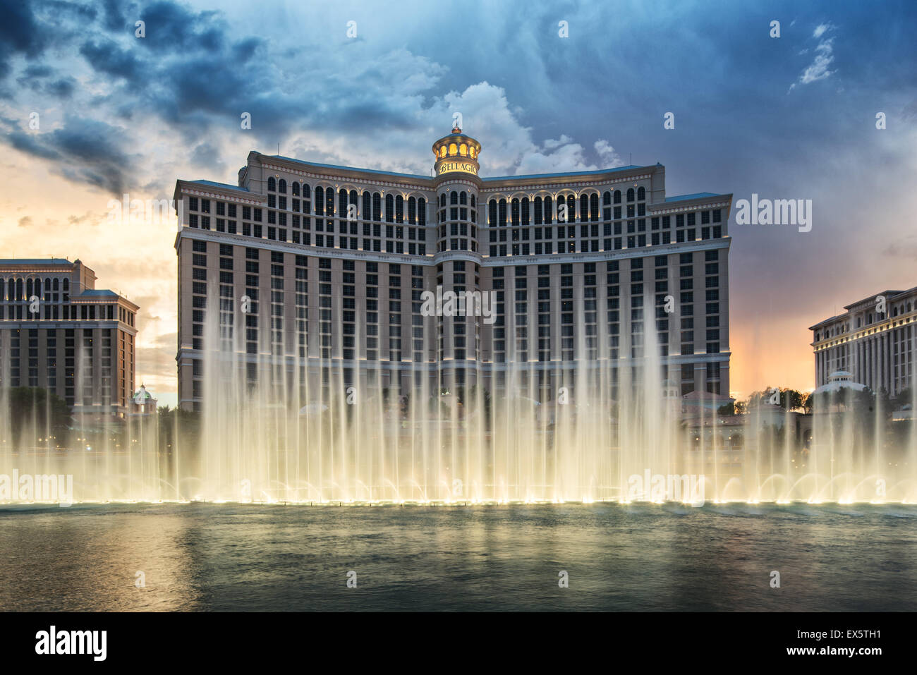 Bellagio Fountains at Sunset/dusk, The Strip Las Vegas, Nevada, USA Stock Photo