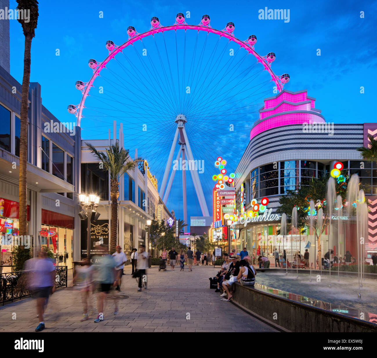 High Roller Ferris Wheel and The Linq at dusk, Las vegas Strip, Nevada, USA Stock Photo