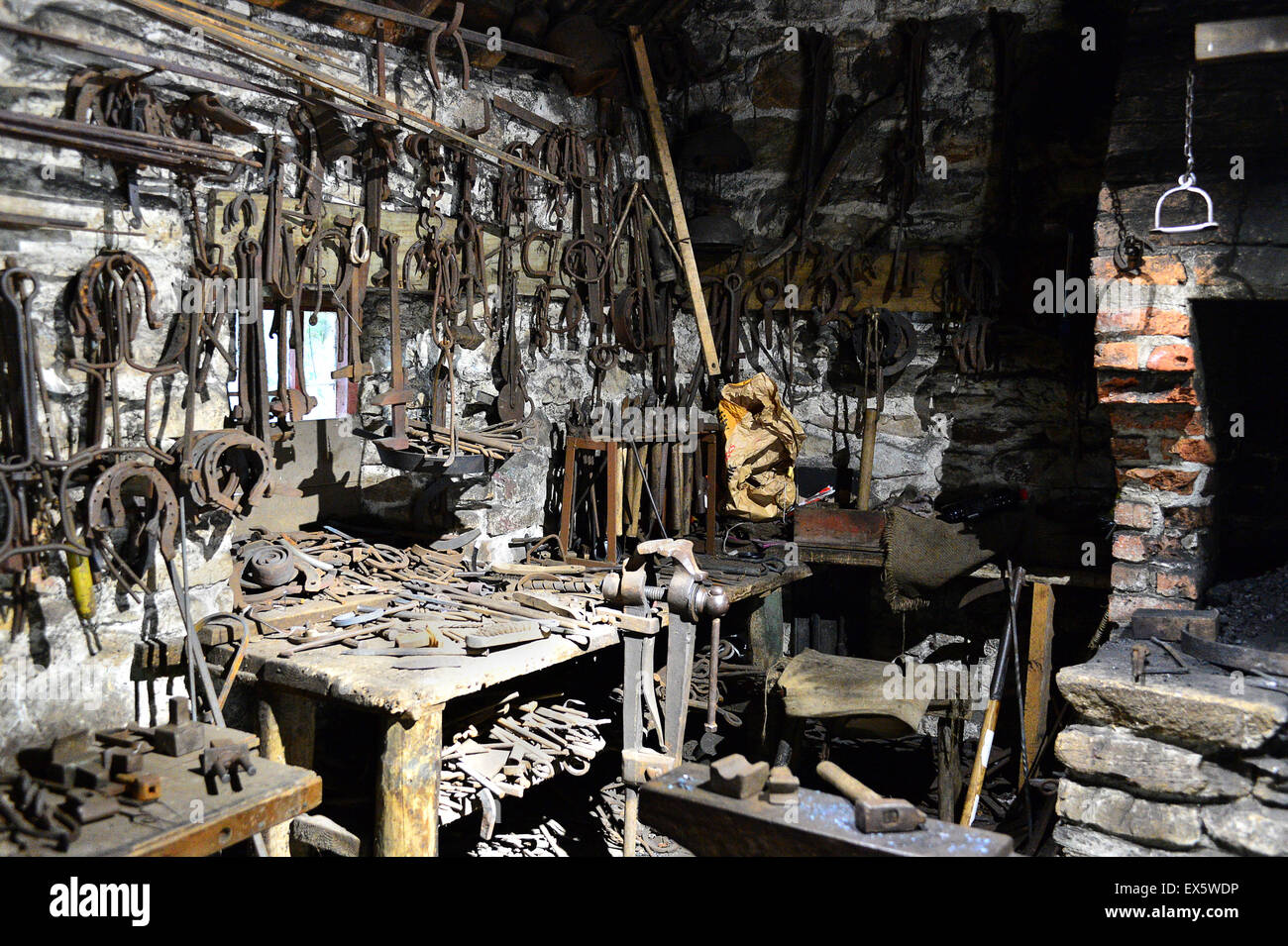 Interior of 19th century Irish blacksmith's forge at the Ulster American Folk Park Stock Photo