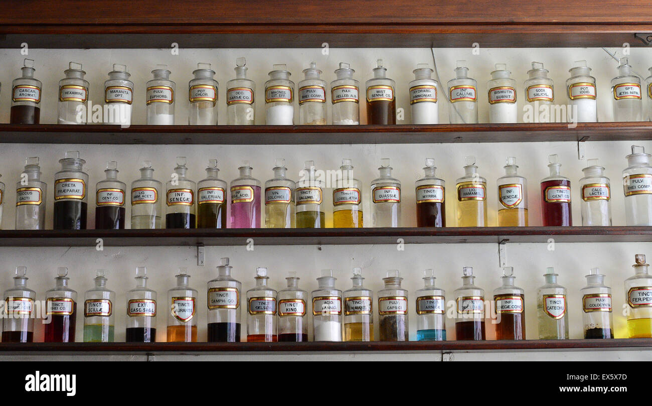 Display of early 20th century jars for ailment cures on display at the Ulster American Folk Park Stock Photo