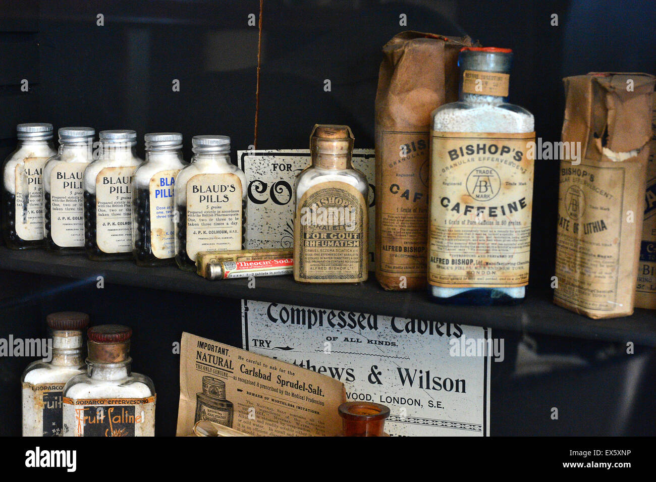 Display of early 20th century chemist ailment cures on display at the Ulster American Folk Park Stock Photo
