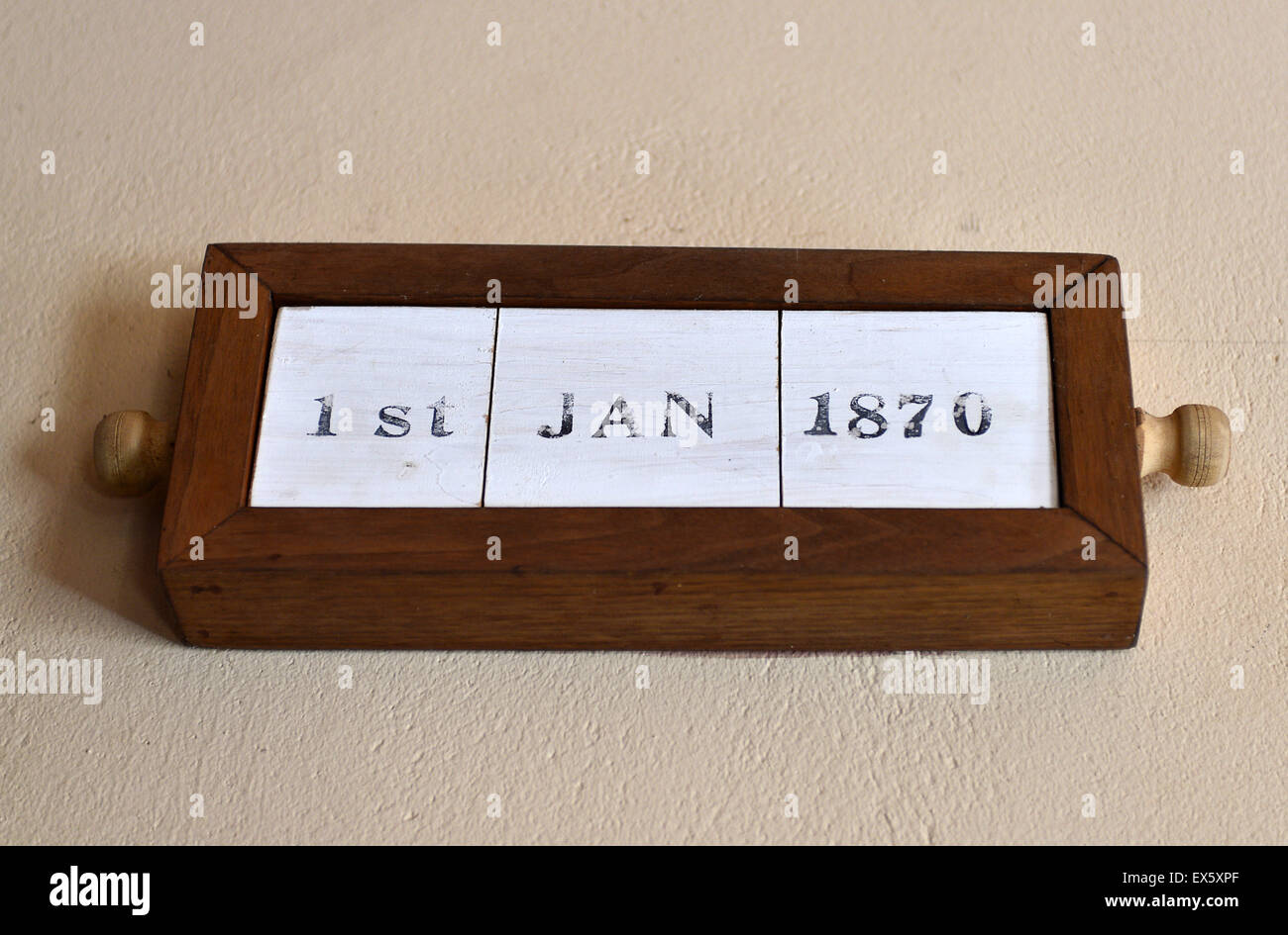 Old wooden vintage calendar showing the date 1st January 1870 Stock Photo
