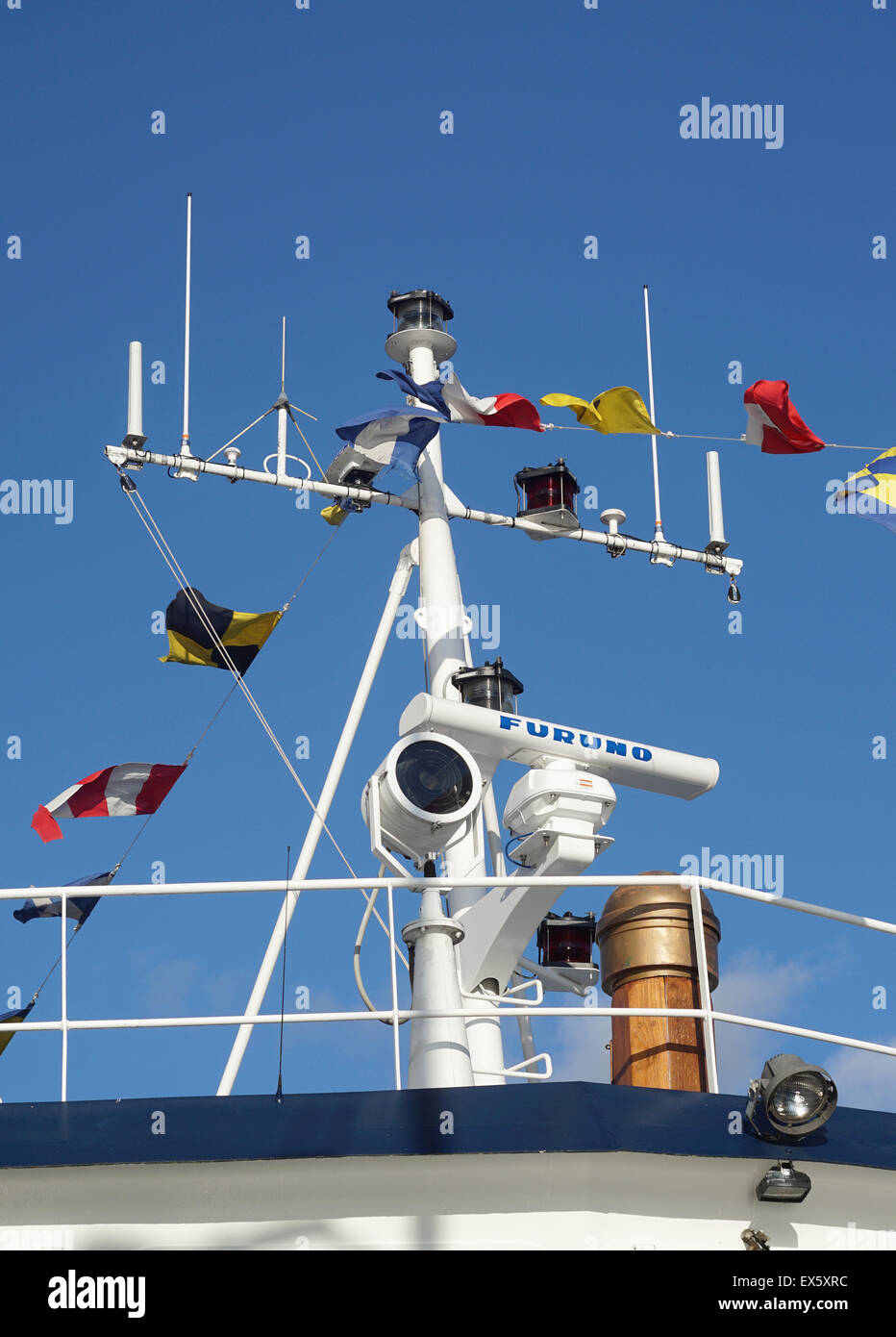 Radar and communications on commercial ship Stock Photo