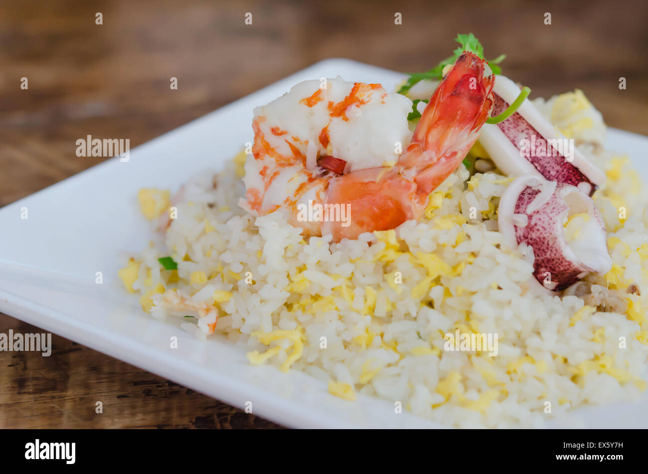 close up Fried rice with shrimp and squid Stock Photo