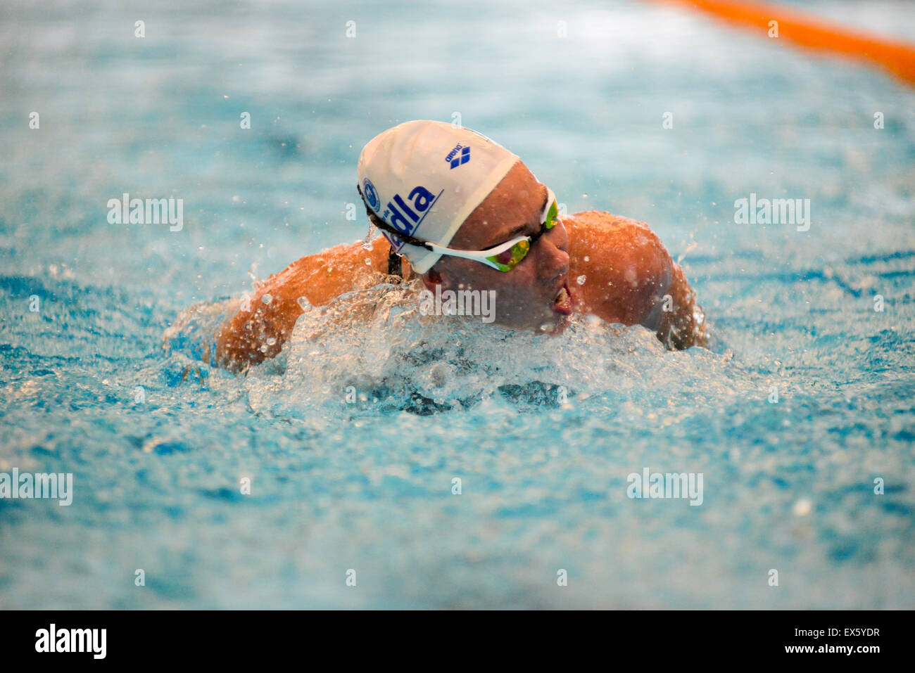 Bergen, Norway. 07th July, 2015. Sarah Louise Rung of Madla SK at the 50m butterfly final in the 2015 Norwegian Championship in Ado Arena in Bergen, were she posts 42,79. She is participating in class S5 in the disability swimming classification. At the London Paralympics 2012 she also won the gold in the same event with the time  41,76. Credit:  Kjell Eirik Irgens Henanger/Alamy Live News Stock Photo